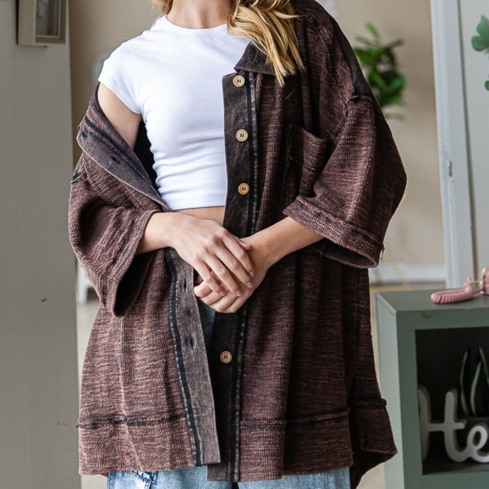 Oli & Hali Black Mixed Mineral Washed Short Sleeve Button Down Shirt Jacket - Picture 3 of 5